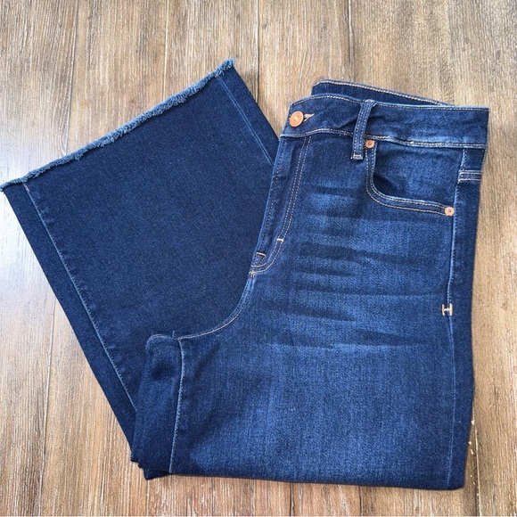 HIDDEN High Rise Wide Leg Jeans Frayed Hem Dark Blue Stretchy ankle crop - Picture 6 of 14